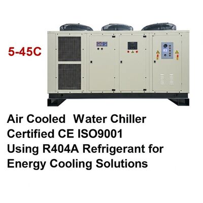 Jangkauan suhu sekitar 5-45C Air cooled water chiller bersertifikat CE ISO9001 Menggunakan R404A refrigerant for Energy Cooling Solutions
